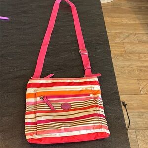 COACH Stylish Getaway Signature Pink and Orange Striped Nylon CrossboWomen's Bag